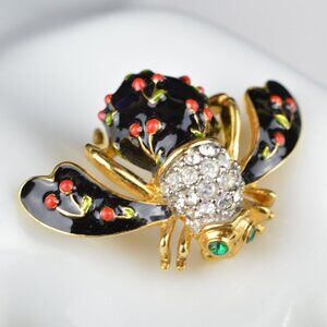 Joan Rivers Bee Pin Black With Red Cherries Brooch Cherry Enamel Jewelry